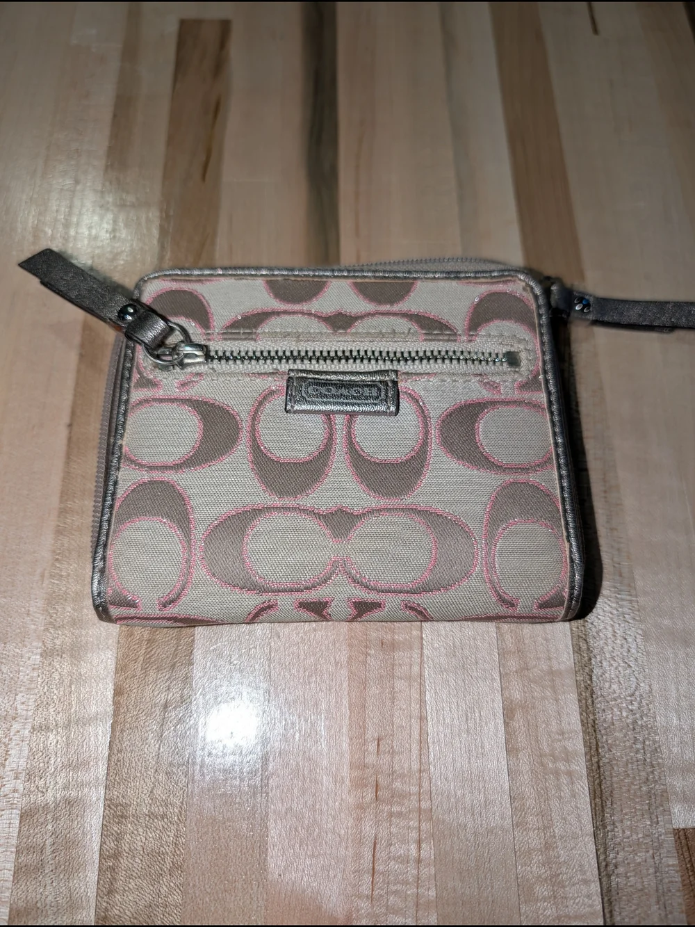 Coach Signature Canvas Zip Wallet in Pink & Beige